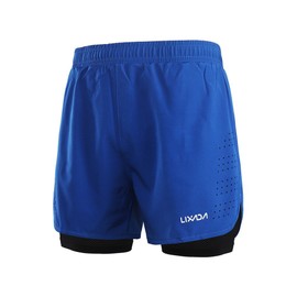 Lixada Men's 2-in-1 Running Shorts Quick Drying Breathable Active Training Exercise Jogging Cycling Shorts with Longer Liner & Reflective Elements, Black/Blue/Green/Grey