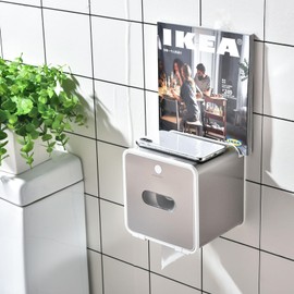 simpletome Toilet Paper Holder Wall Mount with Shelf Waterproof Adhesive or Drilling Install (Silvery, SUS304+ABS Plastic)