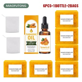 MIAOFUTONG Turmeric Skincare Set – Includes Turmeric Kojic Acid Soap, Turmeric Oil & Soap Bag. Unisex Body Care Kit for Gentle Cleansing and Moisturizing. Complete Skincare Combo - Specification: Turmeric Soaps 6 +Turmeric Oil 1
