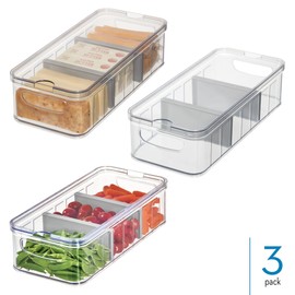 iDesign Large Fridge Organizer Bin with Removable Divider and Lid - Set of 3 - Clear/Gray