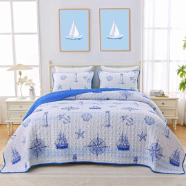 Coastal Nautical Quilt Set, Queen Size Beach Coverlet Blue Watchtower sailboat compass bedspread, Ocean Beach Themed Bed Cover Microfiber Soft Lightweight bedding sets for All Seasons (96"×90")
