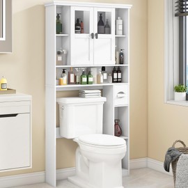 Vabches Over The Toilet Storage Cabinet Bathroom Shelf Over Toilet with 2 Doors and Adjustable Shelves, White Freestanding Home Space Save Toilet Rack for Restroom, Bathroom, Laundry