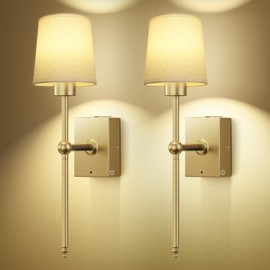 Battery Operated Wall Sconce Set of 2 - Gold Rechargeable 8000mAh Battery Operated Wall Lights with Remote, Dimmable Wireless Wall Lamp Bulbs for Bedroom Hallway Living Room Decor