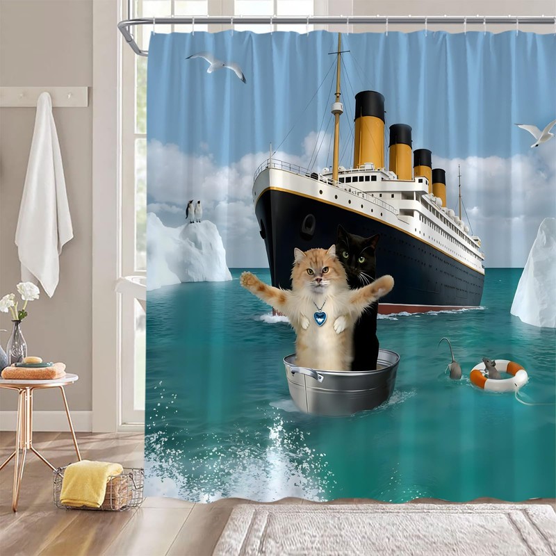 Funny Cat Shower Curtain Cute Black Beige Cat Blue Ocean