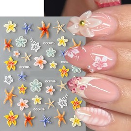 Summer Flower Nail Stickers 5D Starfish Nail Decals for Press ons Colorful Embossed Nail Art Supplies Acrylic Self-Adhesive Ocean Nail Chrams Tropical Style Stickers for Women Nails Decorations 2PCS