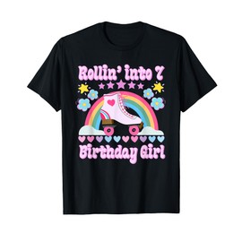 Rolling Into 7 Birthday Girl Roller Skating Party Rainbow T-Shirt