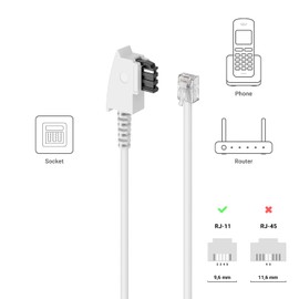 deleyCON 2 m Telephone Cable, TAE-F Plug to RJ11 Plug, Int. Standard, 6P4C Flat Cable for Analogue Devices to TAE-F Telephone Socket, Telephone, Fax, Modem, Router, Answering Machine, White