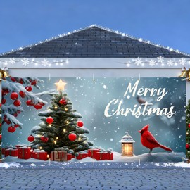 Christmas Garage Door Banner 7x16FT, Cardinal Bird and Gift Tree Garage Door Cover, Large Outdoor Xmas Decoration for Garage Doors, Garden Fence & Holiday Parties