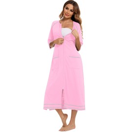 Veseacky Women Zipper Robe Half Sleeve Loungewear Lightweight Full Length Housecoat(Pink,L)