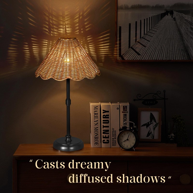 Folux Cordless Boho Rattan Table Lamp Black, 5200-mAh Rechargeable Battery,
