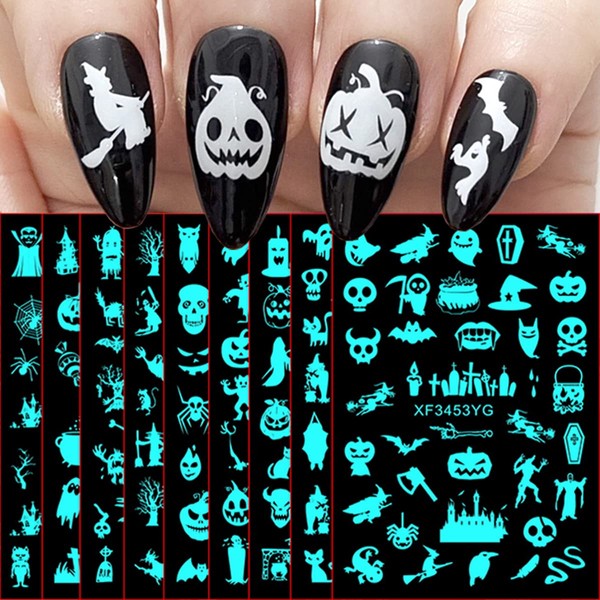 Halloween Nail Stickers 12 Sheets Decals Nail Art Design Glow in The Dark Nail Decals Ghost Spider Web Pumpkin Nail Design Manicure Tips DIY (2515)