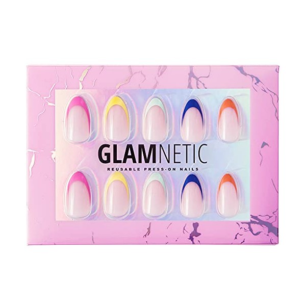 Glamnetic Press On Nails - Sprinkles | Rainbow French Tip Nails, UV Finish Short Pointed Almond Shape, Reusable Semi-Transparent Nails in 12 Sizes - 24 Nail Kit with Glue