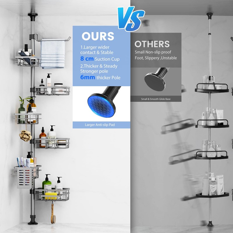 Corner Shower Caddy Organizer Tension Pole, Adjustable 6 Shower Shelves