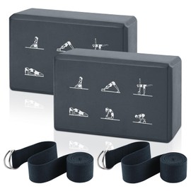 2 Yoga Block and Yoga Strap Set, FHDUSRYO High Density EVA Foam Blocks with 6ft Strap, Non-slip Yoga Bricks, Supportive Latex-Free Yoga Block Kit to Improve Balance and Flexibility (Grey, 9×6×3")