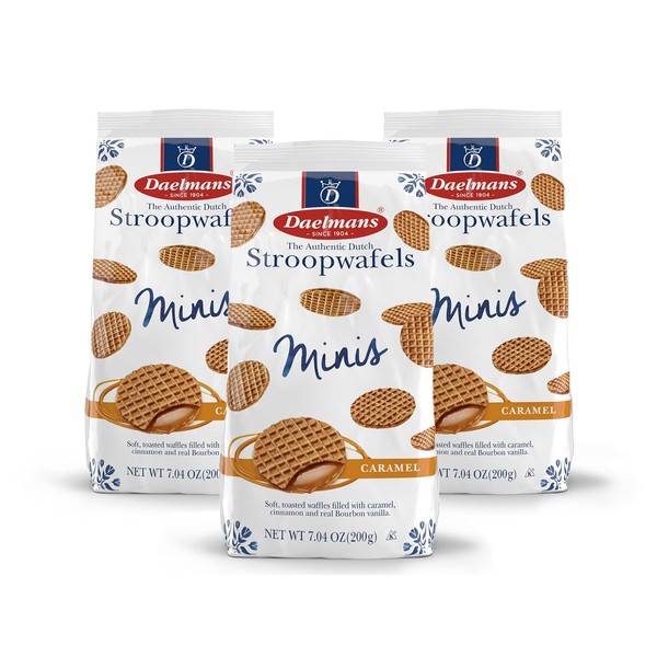 DAELMANS Stroopwafels, Dutch Waffles Soft Toasted, Pack of 3, Caramel, Office Snack, Mini Size, Kosher Dairy, Authentic Made In Holland, Bag of Mini Stroopwafels, 7.04oz (3 Pack)