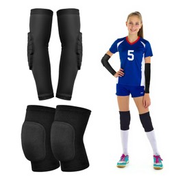 UMACWIN Volleyball Knee Pads and Arm Sleeves with Elbow Pads, Volleyball Essentials Accessories with High Protection Volleyball Elbow Pads Knee Pads for Youth Teen Girls and Boys(Black_L_2 Pairs)