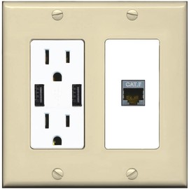 RiteAV 1 Port Cat7 Shielded Ethernet Wall Plate - USB Charger Outlet [Ivory/White]
