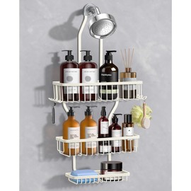MSAICOE Shower Caddy Hanging - Never Rust Shower Hanging Organizer - Aluminum Over the ShowerHead Caddy with Soap Basket and 6 Hooks for Razor/Sponge (Milky White)