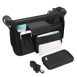 Organizador para Carriola de Bebé con Soporte para Pañuelos, Accesorios Universales con 2 Portavasos, Bolsa Desmontable, Correa Ajustable y Almacenamiento para Biberones y Juguetes (Negro)