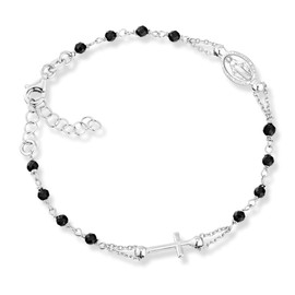 Miabella 925 Sterling Silver Italian Natural Black Spinel Rosary Cross Charm Bead Bracelet for Women Teen Girls, Adjustable Link Chain, Handmade in Italy (Length 7 to 8 Inch)