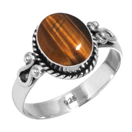 Jeweloporium 925 Silver Ring for Women Brown Genuine Tiger Eye Stone Statement Silver Ring Size S 1/2 Mothers' Day Gift Fashion Jewelry