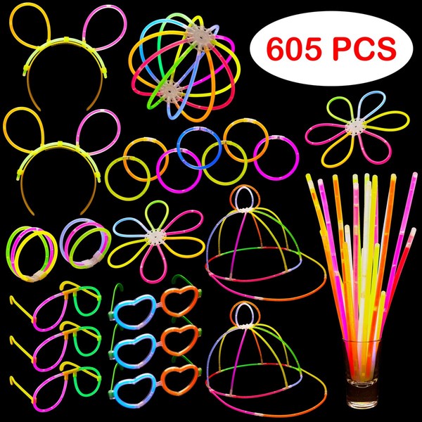 Dragon Too Glow in The Dark Party Supplies - 605 Pieces - Includes Connectors to Create Necklaces, Bracelets, Glasses, Heart Glasses, Hats, Headbands, Balls, Flowers - Glow in The Dark Party Favors