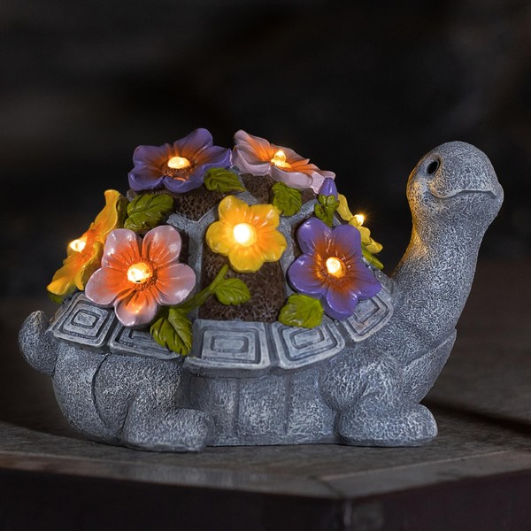 Elegondrar Garden Turtle Statue with Flowers and LED Lights, Outdoor