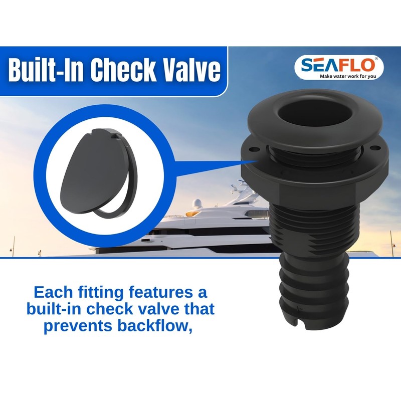 SEAFLO 1”, Black (1-Pack) Thru Hulls Fitting Thru-Hull with Check