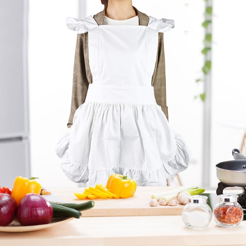 Princess Ruffles Hem Cotton Apron Adjust Waist Women Girl White