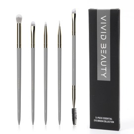 VIVID BEAUTY 5pcs Eye Makeup Brush Set - Make up Brushes for Eyeshadow, Eyeliner, Blending & Eyebrow - Small Travel eyes Kit with Wood Handle & Synthetic Bristles - Perfect for Women & Girls (Grey)