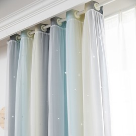 Star Curtains Stars Blackout Curtains for Kids Girls Bedroom Living Room Colorful Double Layer Star Window Curtains, 1 Panel (53"W x95"L，Beige)