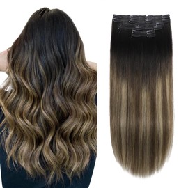 XDhair Clip-In Real Hair Extensions Balayage Black Extensions Real Hair Clip Brown Ombre Caramel Blonde Remy Hair Extensions Real Hair Clip Straight 40 cm 6 Pieces / 100 g (#1B/4/27-16 Inches)