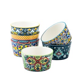 Ramekins Oven Safe 6 Oz - Creme Brulee Ramekins, Pudding Cups, Mini Baking Bowls for Souffle, Custard, Dip, Ice Cream - Set of 6, Bohemian Style
