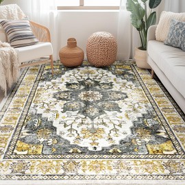 BESTSWEETIE Boho Vintage Area Rug, 6x9, Grey/Brown, Chenille, Machine Made, Non-Pile, Washable, Indoor, Distressed, Floral, Living Room