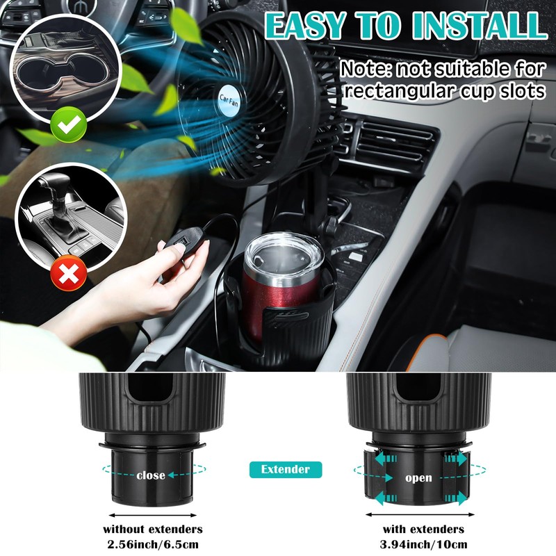 DaisyInner 2 Pcs USB Car Fan with Cup Holder 2