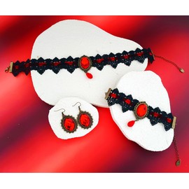 Hopodix Royal Court style Ruby black lace Goth accessories with Gothic costume for women Victorian Vampire Accessories