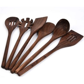 Fiunkes 6 PCS Wooden Kitchen Utensils Set, Black Walnut Wood Long Handle Spoons and Spatula Set for Cooking, Heat Resistant Non-Stick Cookware
