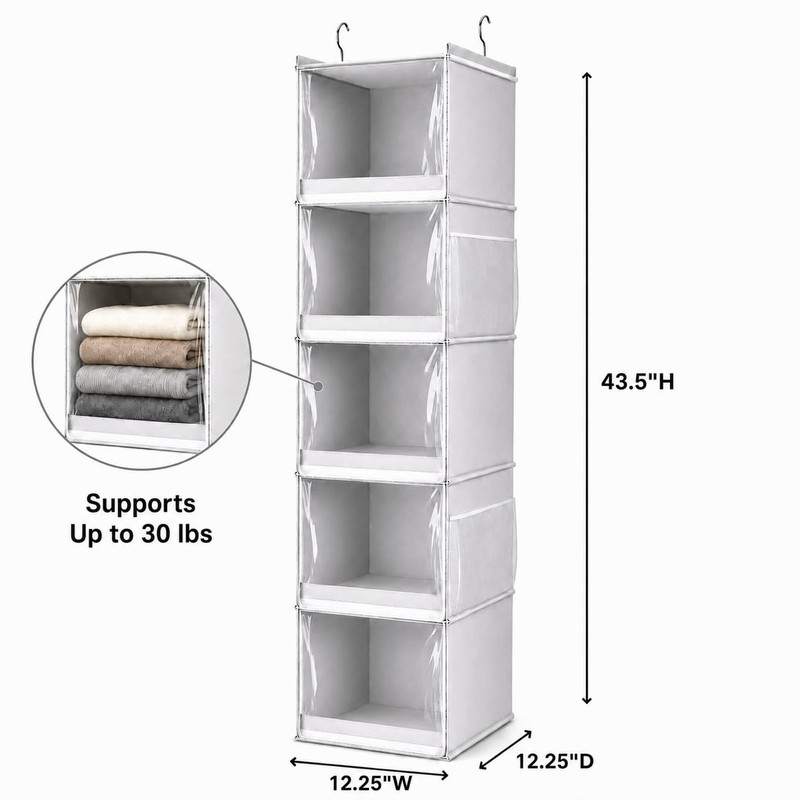 Vailando 5-Shelf Hanging Closet Organizer with Clear Dust Covers, Gray