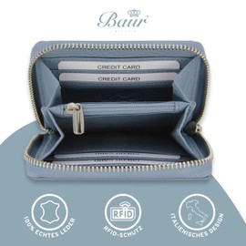 Baur Women's Genuine Leather Wallet, Mini Wallet with RFID Protection, Small Wallet with 6 Card Slots, Note and Coin Compartment, Wallet with All-Round Zip, Dove Blue, Classic