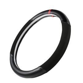 Carbon Fiber + Leather Steering Wheel Cover Crip Grb with Red Sporty Circular Trim, Non-Slip Universal fit All 14 ½” to 15”Steering Wheel