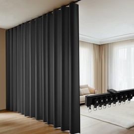 Room Divider Blackout Curtains Flexible Sliding Tracks Sets Ceiling Mounted Rod Window Curtain Privacy Separation for Bedroom Living Rooms,1 Panel Black Drape and Black Track Set-W144xH108 in