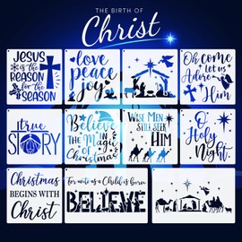 11pcs Christmas Nativity Scene Stencils, Reusable Jesus Stencil, Oh Holy Night, Wish Men Still Seek Hime DIY Drawing Template for Painting On Wood Canvas Fabric Wall Home Decor Supplies
