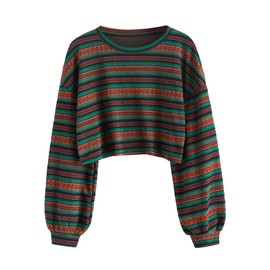 ZAFUL Women's Tribal Ethnic Graphic Cropped Knitwear Bohemian Long Sleeve Pullover Sweater Boho Drop Shoulder Knitted Top Multicolored