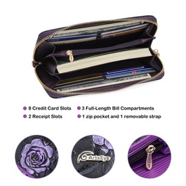 ArtsEye Rose Embossed Genuine Leather Long Zip Around Wallet, Purple, One Size, Zippered Wallet