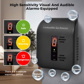 Gas Leak Detector, 2 Pack Natural Gas Alarm for Home & RV, Plug-in Propane Detector Monitor with Audible & Visual Alarm, AC 110V-240V, Black Color