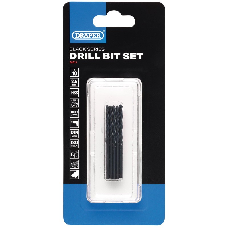 Draper 10pcs Black HSS Drill Bit, 2.5mm x 57mm -