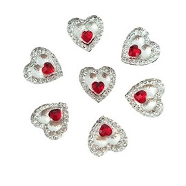 40 x Clear Heart Resin Crystals with Mini Coloured Heart Center Flat Back Diamante Rhinestones Card Making Embellishments for Crafts (Red Centre)