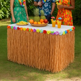 GiftExpress 9 Feet x 29.5" Luau Grass Table Skirt - Hawaiian Theme Party Skirt with Hibiscous Flower Decoration - Fringe Raffia Natural Straw Colored Backdrop for Luau Tropical Theme Décor
