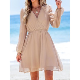 CUPSHE Women's Mini Dress V Neck Chiffon A-Line Short Dress Long Sleeves Summer 2024 Light Apricot, L
