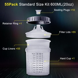 Disposable Paint Spray Gun Cup,HVLP Paint Spray Paint Gun 20 Ounce (600ml) Kit with 55 Cups and Lids System, 1 Hard Cup with Retainer Ring and 10 Plugs